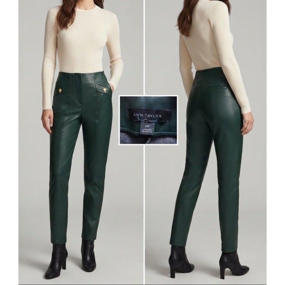 Ann Taylor Faux Leather Pants Womens Size 00P Petite Green Gold Buttons Trousers